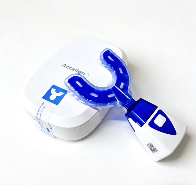 Patient using Accelign™ device with clear aligners for 20-minute daily session