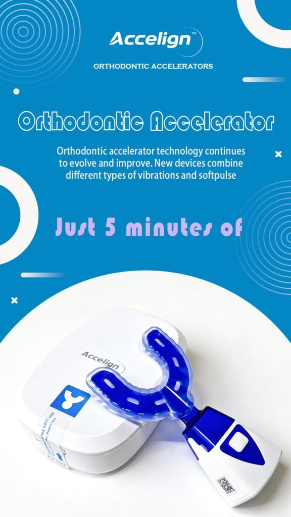 Patient relieving braces pain using a vibrating orthodontic device for 5 minutes
